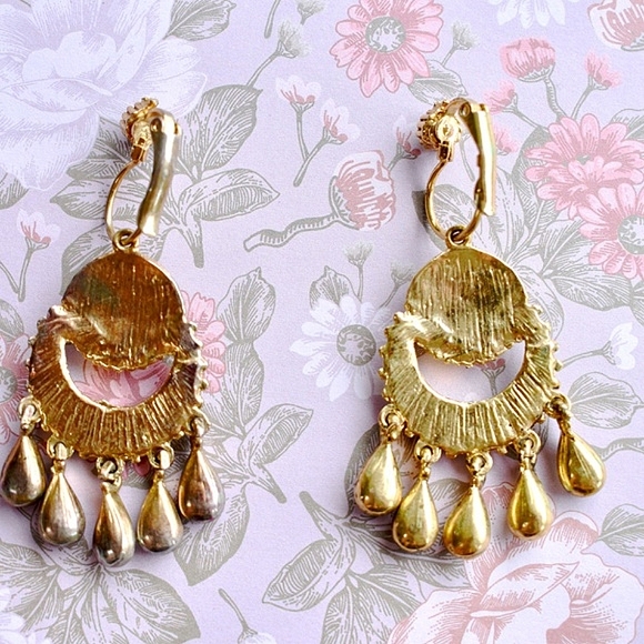 💞💗 Vintage Gold Plated Green Rhinestone & Enamel Drop-down Earrings - Picture 4 of 6